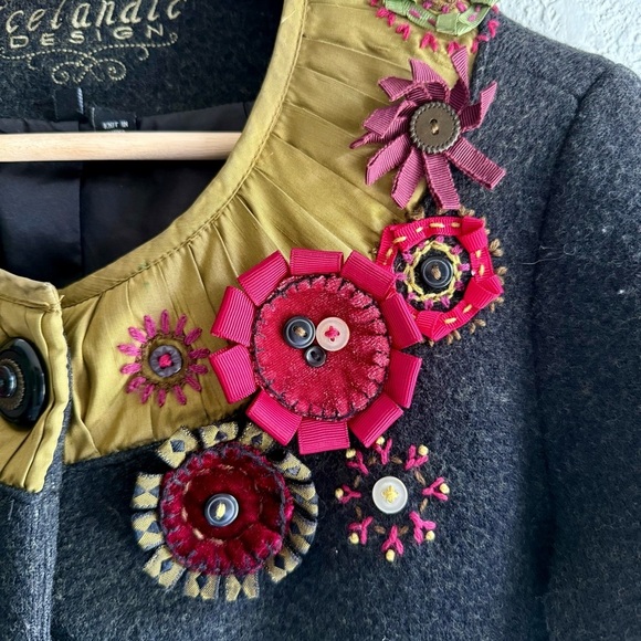 Icelandic Design Green Silk Appliqué Embroidered Lined Wool Jacket Women’s Sm - Picture 3 of 16